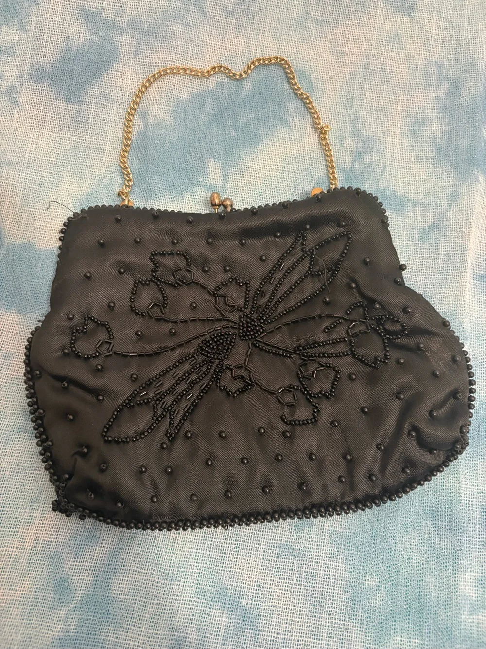 Vintage Japanese Beaded Black Evening Handbag with Gold Chain